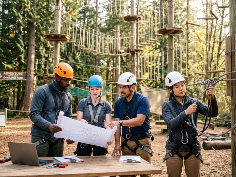 ABC team collaborating on an outdoor challenge course project